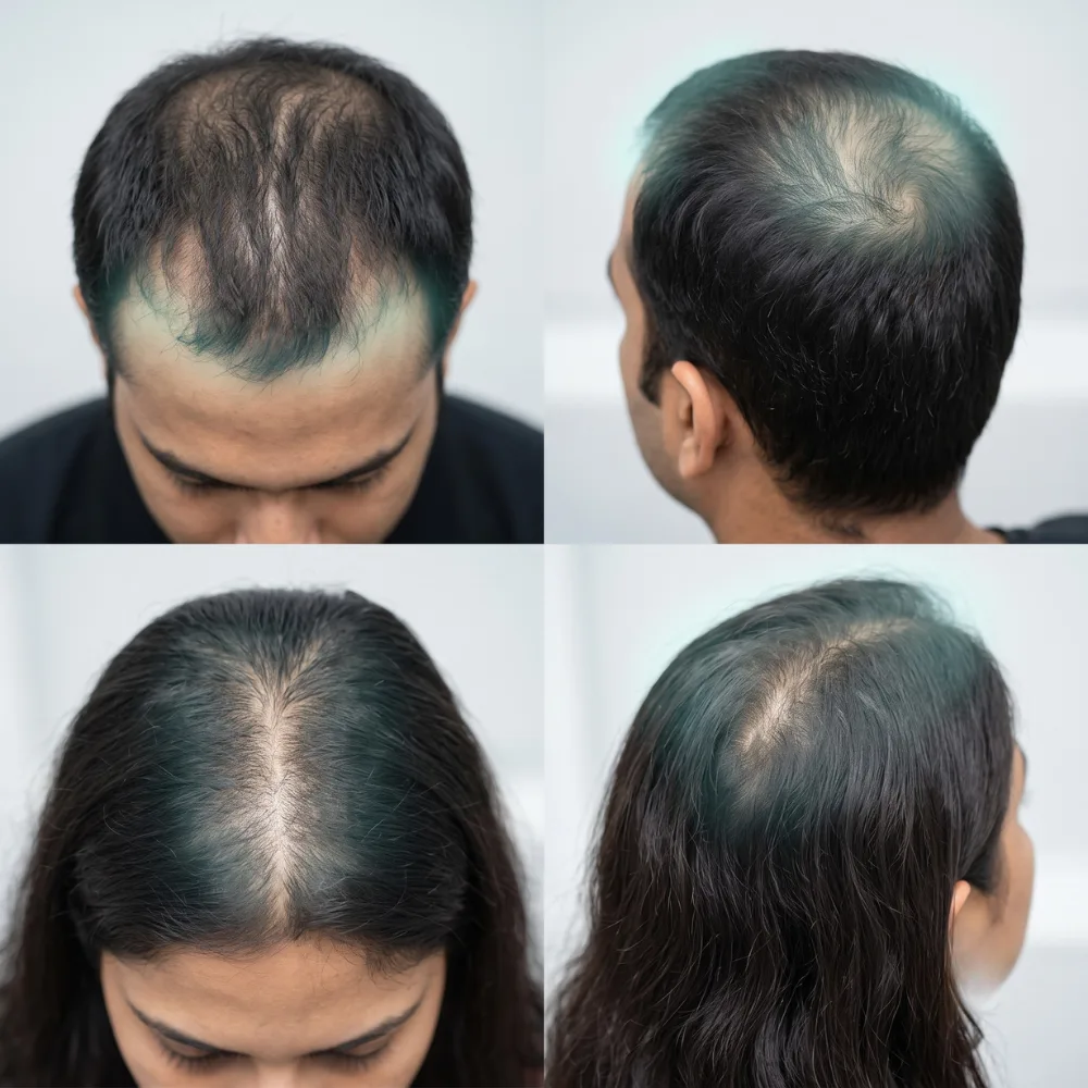 Areas treated with Hair PRP therapy in Thane, including the front hairline, crown, and scalp affected by hair thinning and pattern hair loss.