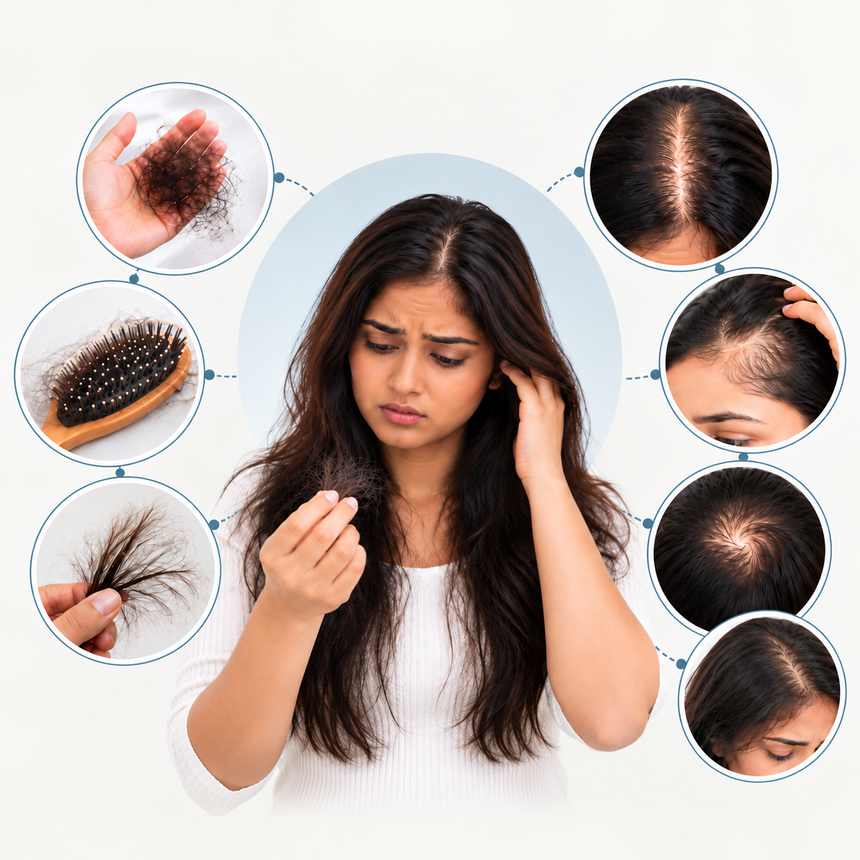 Know more about the Symptoms of hair fall and hair loss including hair thinning, excessive shedding, and receding hairline by dermatologist in thane